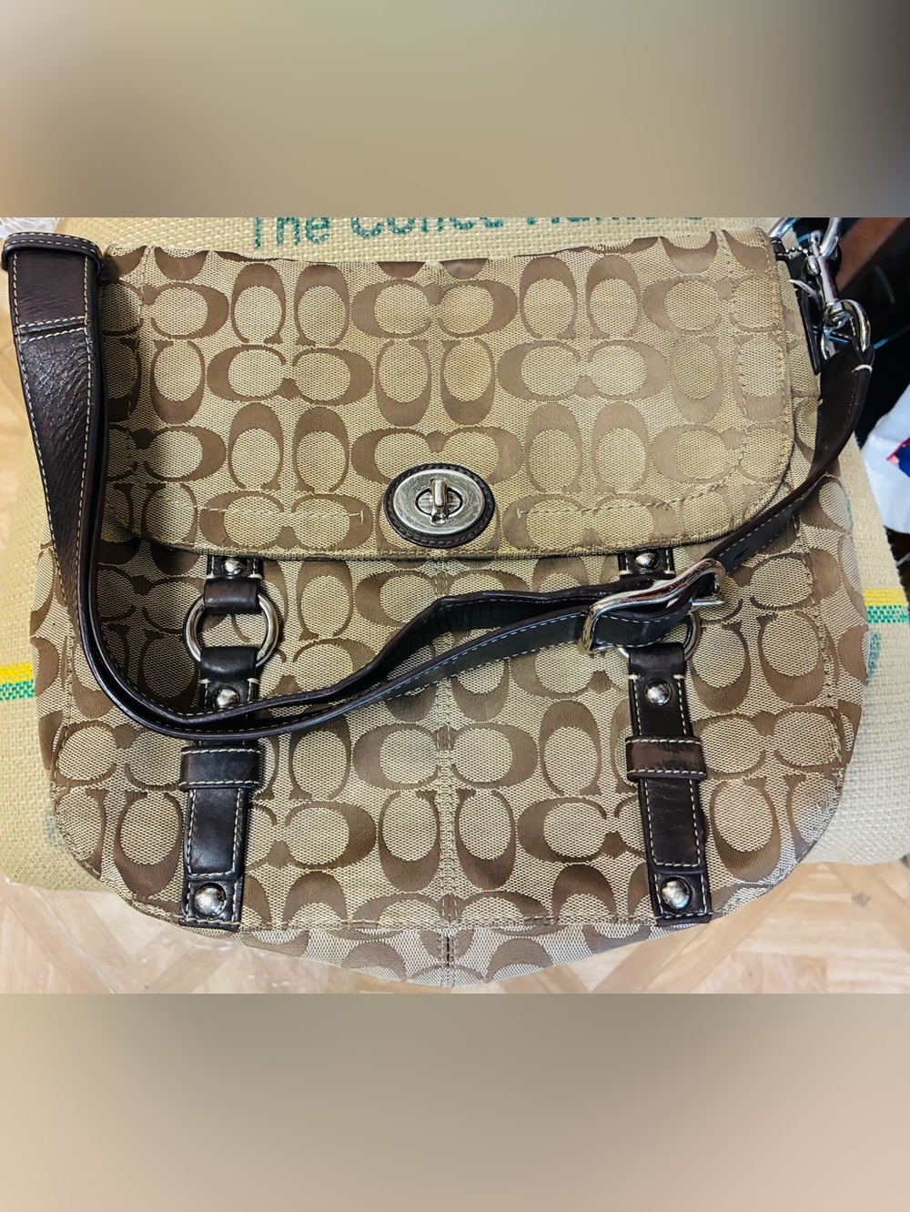 Coach Khaki and Brown Signature Shoulder Bag